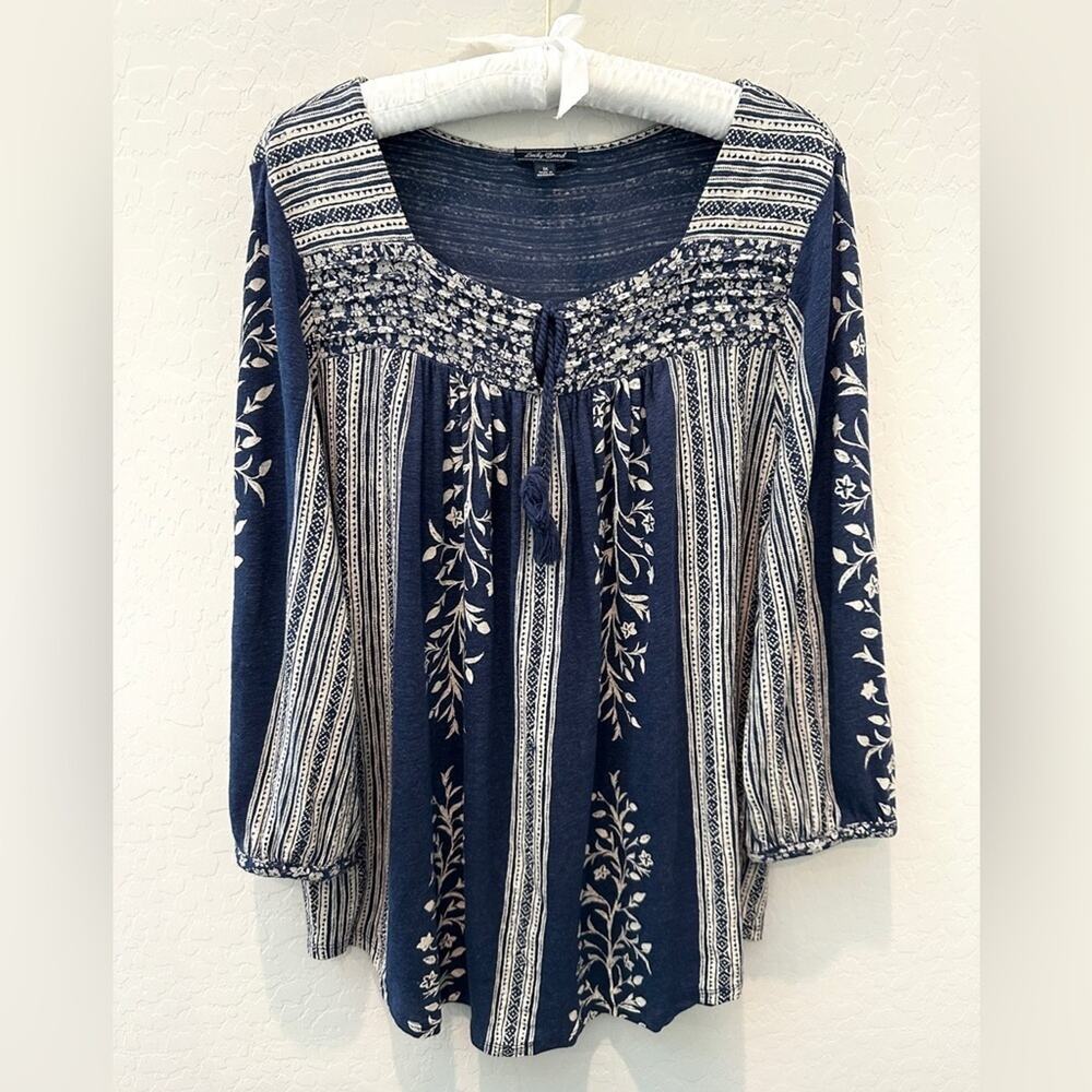 LUCKY BRAND | Boho Floral Stripe Peasant Top Blue White Tunic Plus Size | 1X